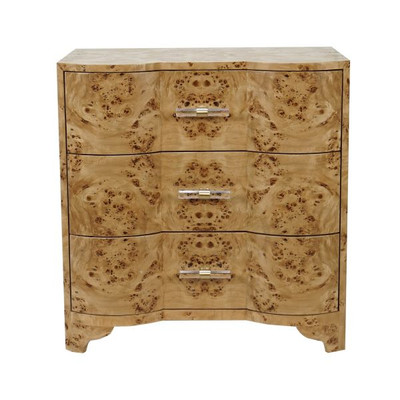 Worlds Away Three Drawer Side Table - Burl Wood - Acrylic Hardware