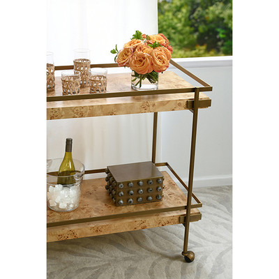 Worlds Away Antique Brass Bar Cart - Shelves - Burl Wood