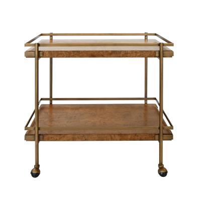 Worlds Away Antique Brass Bar Cart - Shelves - Dark Burl Wood