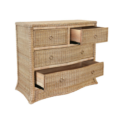 Worlds Away Four Drawer Chest - Woven Rattan - Satin Brass Pulls