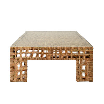 Worlds Away Wide Leg Rattan Coffee Table - Glass Top