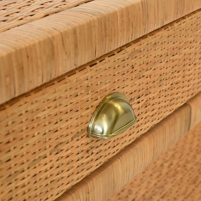 Worlds Away Two Drawer Console - Natural Rattan - Brushed Brass Cup Pulls