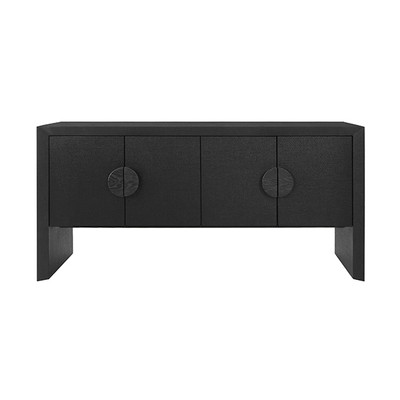 Worlds Away Four Door Buffet - Black Painted Grasscloth - Black Oak Handles