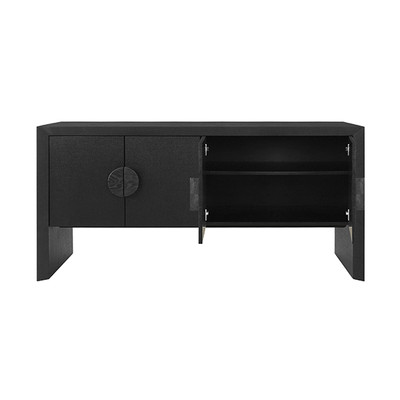 Worlds Away Four Door Buffet - Black Painted Grasscloth - Black Oak Handles