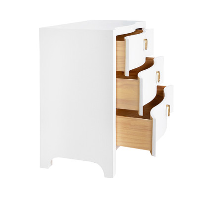 Worlds Away Curved Front Chest - Three Drawers - White Textured Linen - Satin Brass Ring Hardware