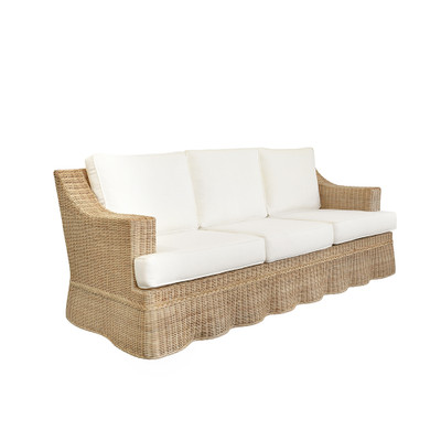 Worlds Away Lawson Style Sofa - Natural Rattan - Scalloped Skirt And Ivory Linen Cushions