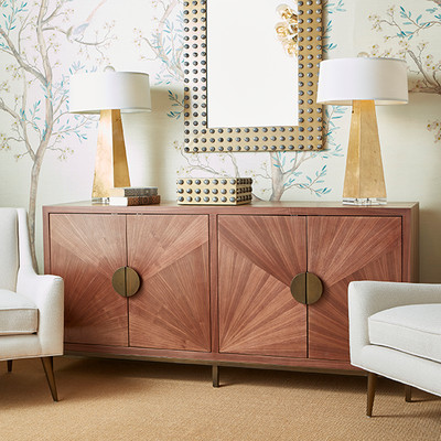 Worlds Away Radial Walnut Cabinet - Painted Bronze Legs And Hardware