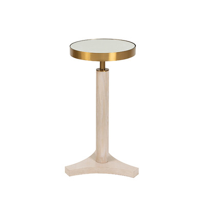 Worlds Away Round Cigar Table - Antique Brass Detail And Mirror Top - Cerused Oak