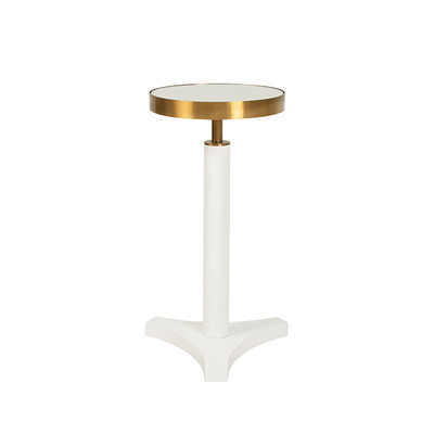 Worlds Away Round Cigar Table - Antique Brass Detail And Mirror Top - White Lacquer