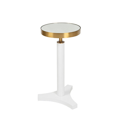 Worlds Away Round Cigar Table - Antique Brass Detail And Mirror Top - White Lacquer