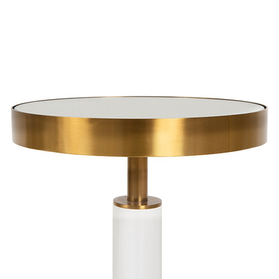 Worlds Away Round Cigar Table - Antique Brass Detail And Mirror Top - White Lacquer