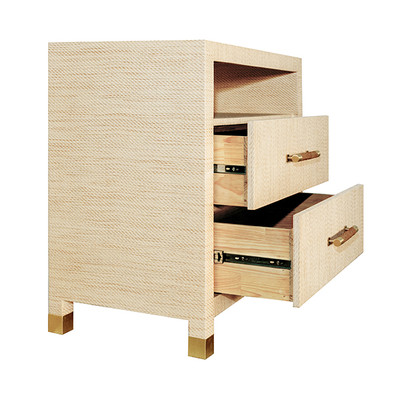 Worlds Away Two Drawer Side Table - Rattan Wrapped Handles - Natural Grasscloth