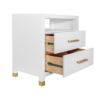 Worlds Away Two Drawer Side Table - Rattan Wrapped Handles - Matte White Lacquer