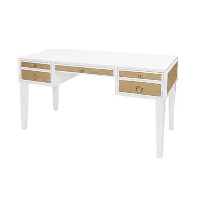 Worlds Away White Matte Lacquer Desk - Grasscloth Drawer - Brass Hardware (Closeout)