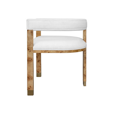 Worlds Away Modern Chair - Burl Wood - White Linen Upholstery