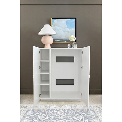 Worlds Away Two Door White Lacquer Cabinet - Circle Design And Acrylic Handles