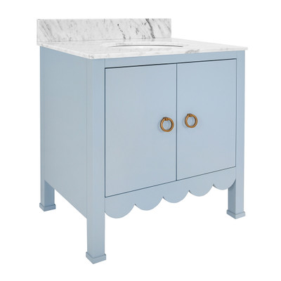 Worlds Away Bath Vanity - Scallop Detail - Matte Light Blue - White Marble Top And Porcelain Sink