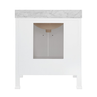 Worlds Away Bath Vanity - Scallop Detail - Matte White Lacquer - White Marble Top And Porcelain Sink