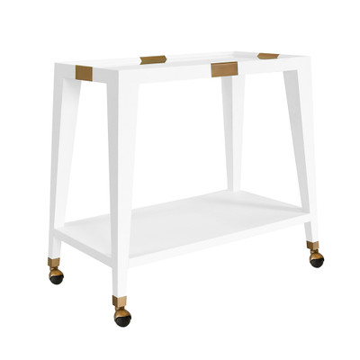 Worlds Away Flared Bar Cart - Antique Brass Detail - White Textured Linen