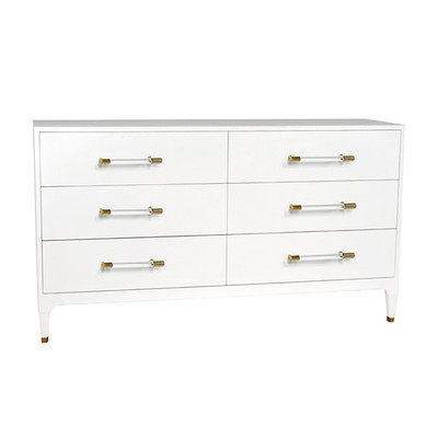 Worlds Away Six Drawer Chest - Textured White Linen - Antique Brass And Acrylic Hardware