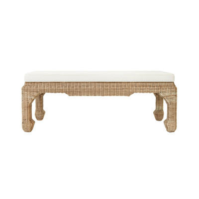 Worlds Away Ming Style Bench - Woven Rattan - Ivory Linen Cushion