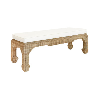 Worlds Away Ming Style Bench - Woven Rattan - Ivory Linen Cushion