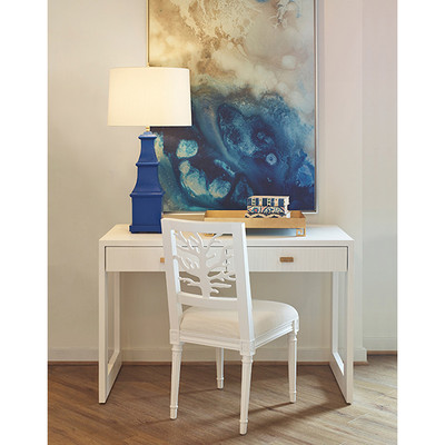 Worlds Away Coral Motif Back Dining Chair - White Linen Seat - Matte White Lacquer