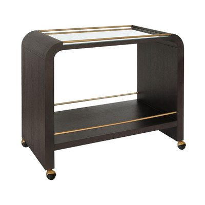 Worlds Away Waterfall Edge Bar Cart - Antique Brass Rails - Espresso Oak