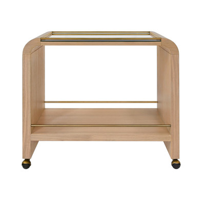 Worlds Away Waterfall Edge Bar Cart - Antique Brass Rails - Natural Oak