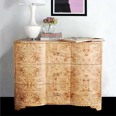 Worlds Away Three Drawer Chest - Burl Wood - Acrylic Hardware