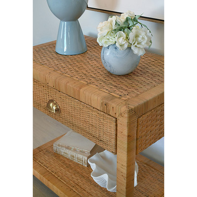 Worlds Away One Drawer End Table - Rattan - Brushed Brass Cup Pull