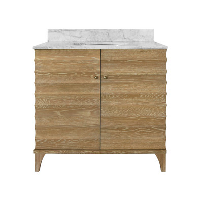 Worlds Away Bath Vanity - Horizontal Fluted Detail - Cerused Oak - White Marble Top, Porcelain Sink, And Polished Brass Knobs