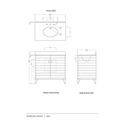 Worlds Away Bath Vanity - Horizontal Fluted Detail - Cerused Oak - White Marble Top, Porcelain Sink, And Polished Brass Knobs