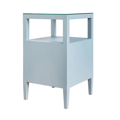 Worlds Away Two Drawer Side Table - Textured Light Blue Linen - Polished Brass Knobs