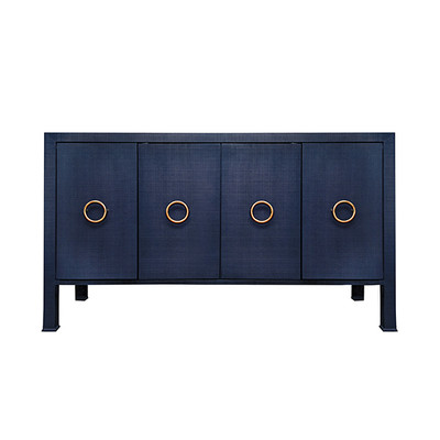 Worlds Away Four Door Buffet - Antique Brass Circle Hardware - Textured Navy Linen