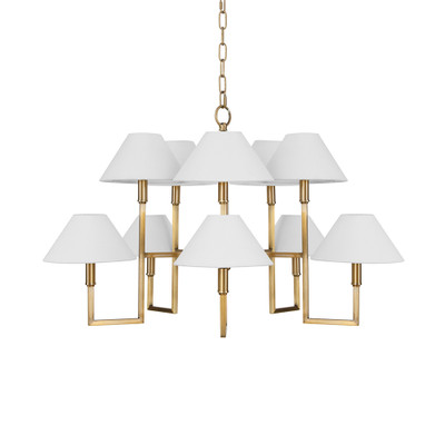 Worlds Away Ten Light Five Arm Chandelier - White Linen Coolie Shade - Antique Brass