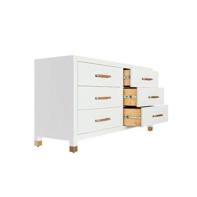 Worlds Away Six Drawer Chest - Rattan Wrapped Handles - Matte White Lacquer