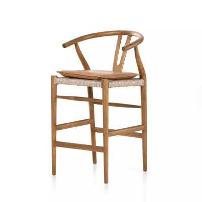 Four Hands Muestra Counter Stool - Natural Teak - Whiskey Saddle