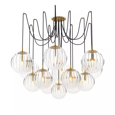 Four Hands Spider Chandelier - Burnished Brass - Clear Ribbon Glass