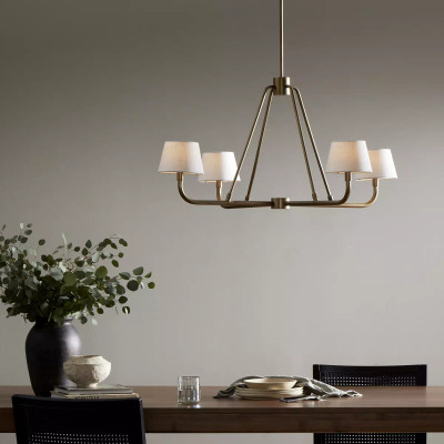 Four Hands Dudley Chandelier - White Slubbed Linen - Aged Brass Iron (Closeout)