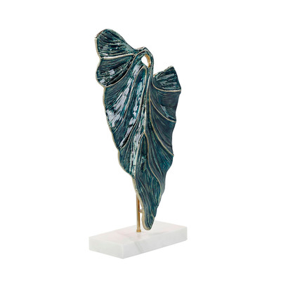 John Richard Standing Leaf Sculpture On Marble Base - Large Blue