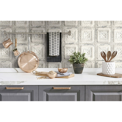 NextWall Distressed Tin Tile - Linen & Charcoal