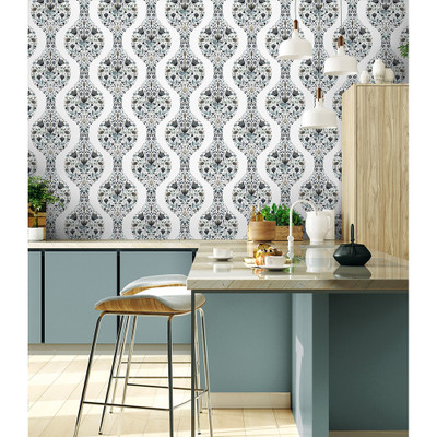 NextWall Floral Ogee - Steel & Rustic Taupe