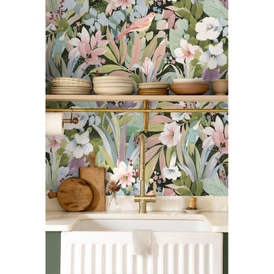 NextWall Blossoming Birds - Forest & Petal Pink