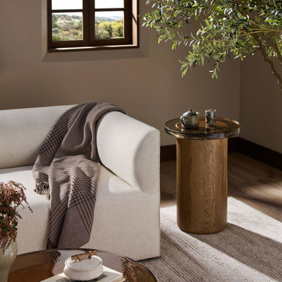 Four Hands Shira Small End Table - Light Brown Oak - Smoked Brown Cast Glass