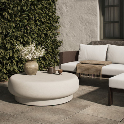 Four Hands Imogene Round Outdoor Coffee Table - Aged White Concrete