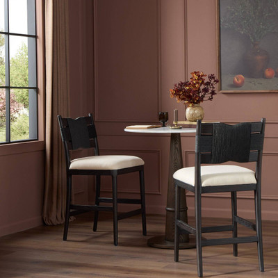 Amber Lewis x Four Hands Tova Stool - Bergamo Parchment - Counter - Distressed Black Oak