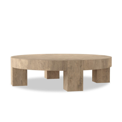 Four Hands Abaso Round Coffee Table - Whitewash Rustic Wormwood Oak