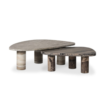 Four Hands Zion Coffee Table Set - Large Antique White Marble + Small Rocky Brown Marble