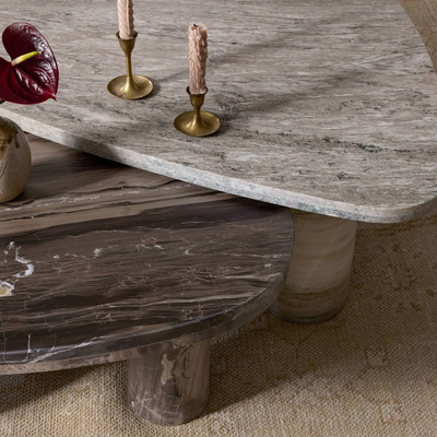 Four Hands Zion Coffee Table Set - Large Antique White Marble + Small Rocky Brown Marble